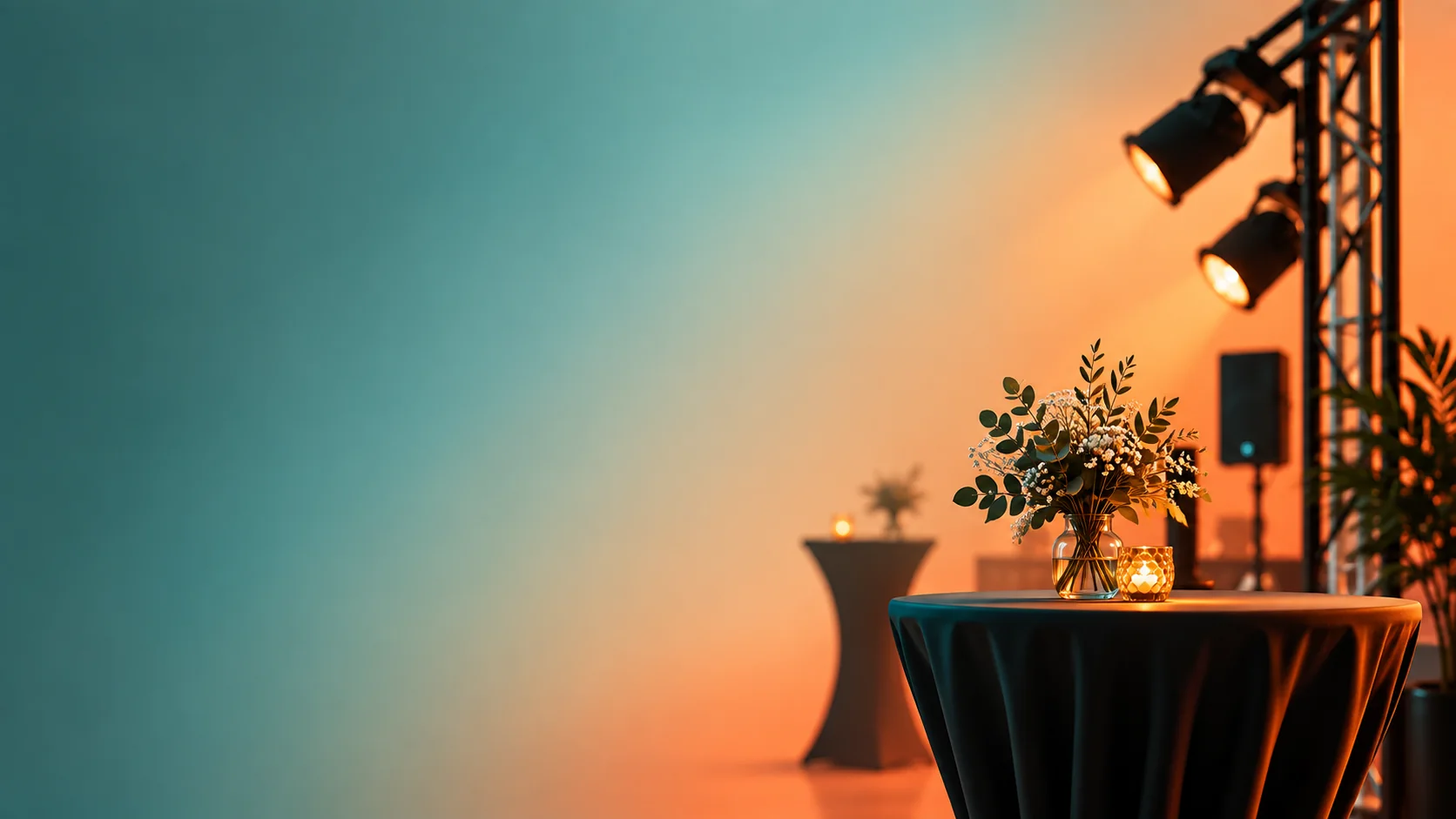 Table haute, projecteurs et décor d'une soirée