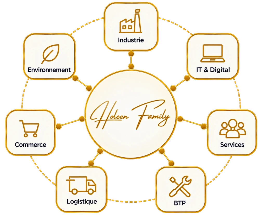 Holeen Family au centre de son réseau : industrie, IT & digital, services, BTP, logistique, commerce, environnement